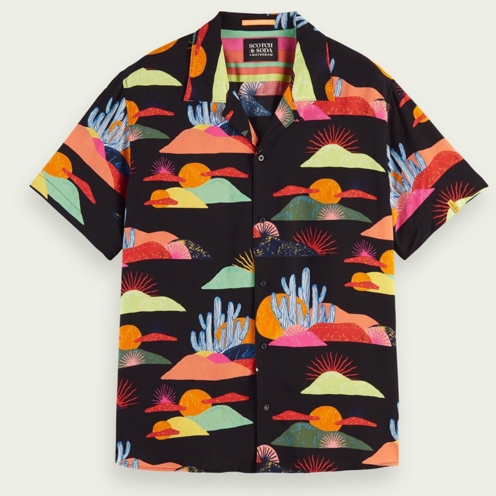 Scotch & Soda Mens XL Desert Landscape Aloha Camp Shirt Black Viscose